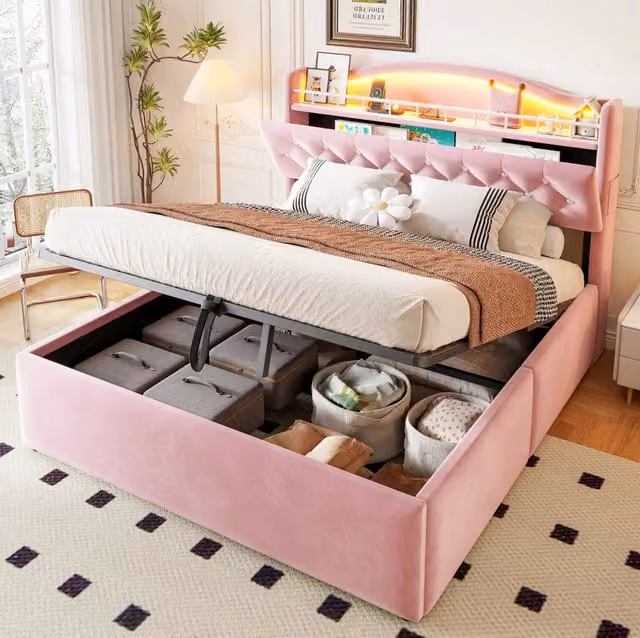 Letto matrimoniale 140x200 cm con contenitore idraulico; LED; USB e USB-C in velluto rosa