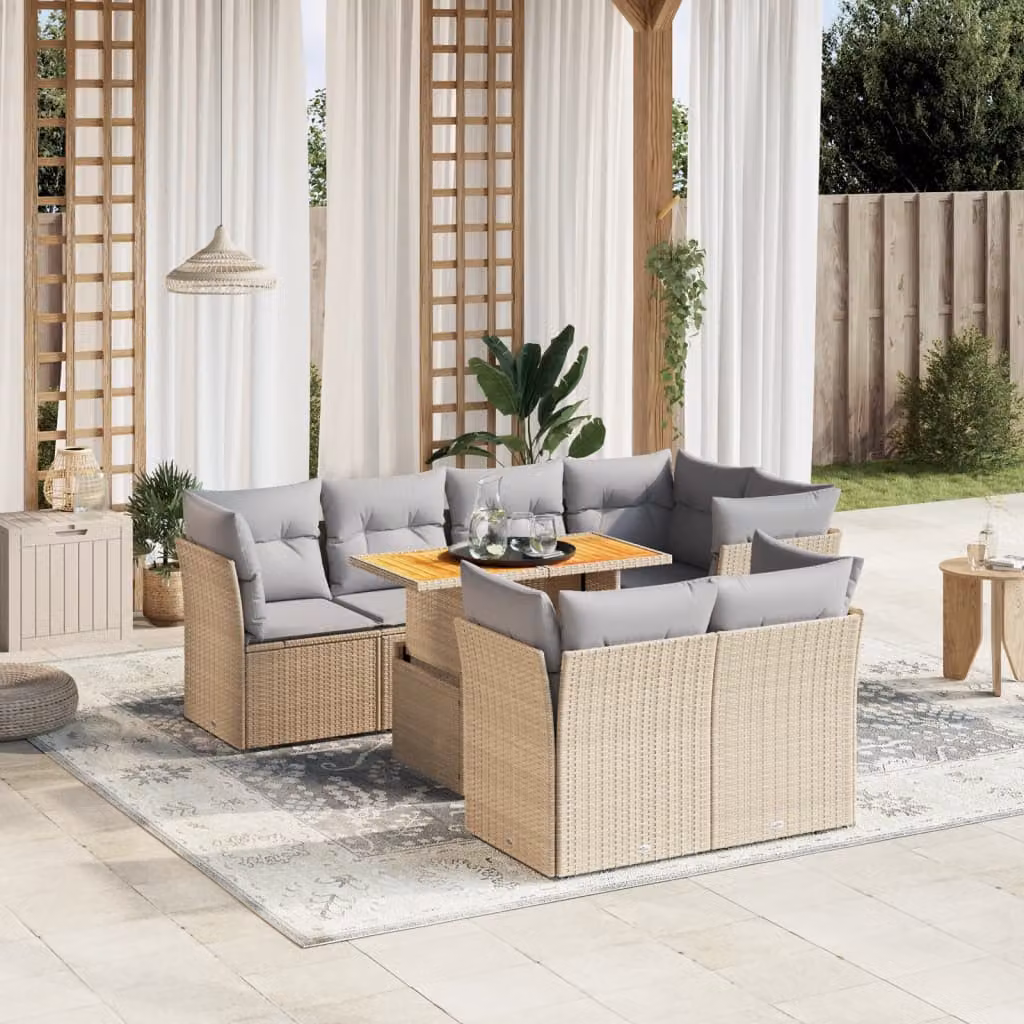 vidaXL Set Divano da Giardino 8 pz a L con Cuscini Beige e Grigio in Polyrattan e Legno di Acacia – 1