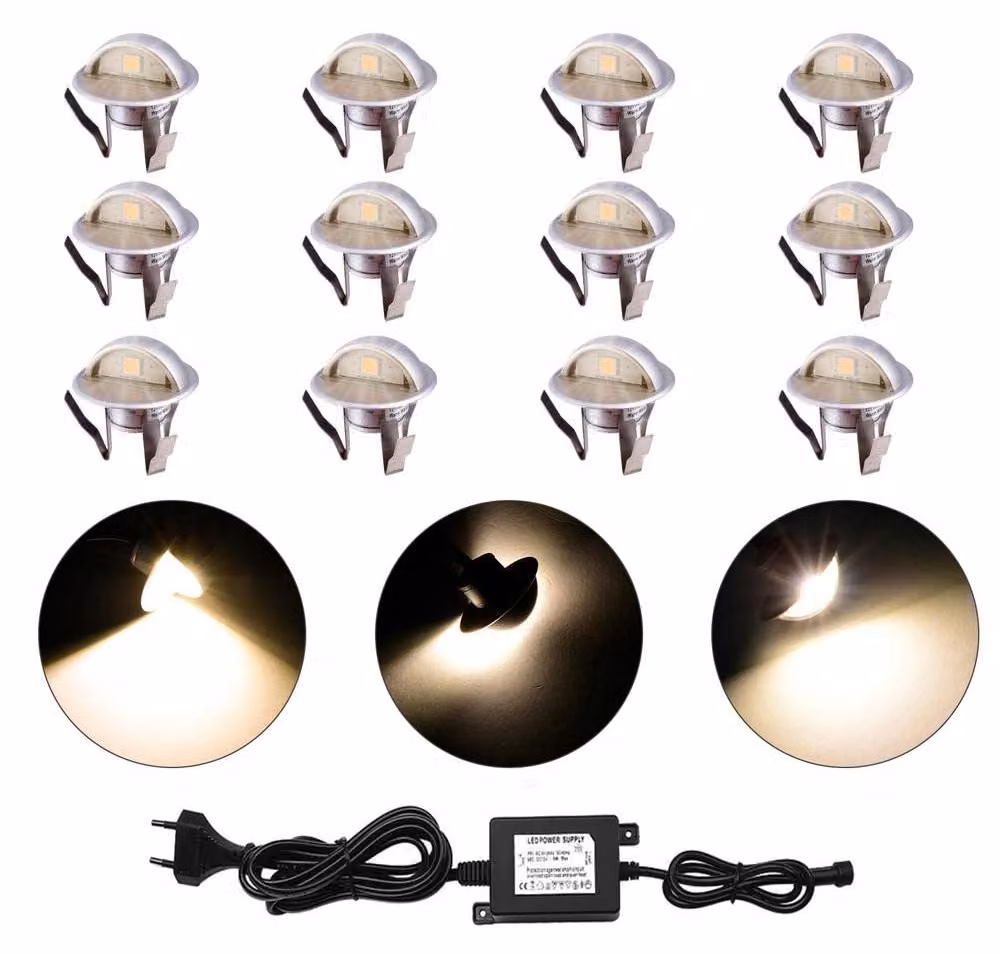 Set di 12 faretti da incasso a pavimento, impermeabili (grado di protezione IP67), luce bianco caldo, con adattatore multi-colore