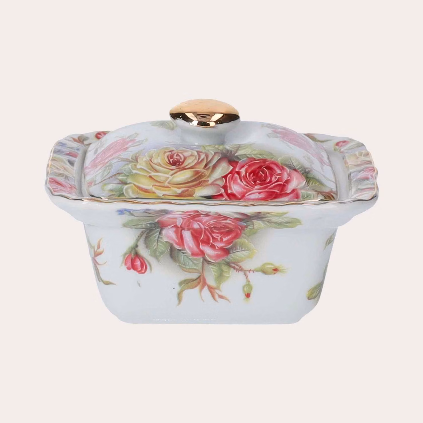 KEYHOMESTORE | Scatola in Porcellana con Rose e Coperchio Dorato