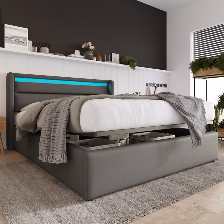 Letto imbottito idraulico Merax 140x200cm con LED e rete, letto contenitore con rete a doghe, letto funzionale letto matrimoniale in Pelle finta