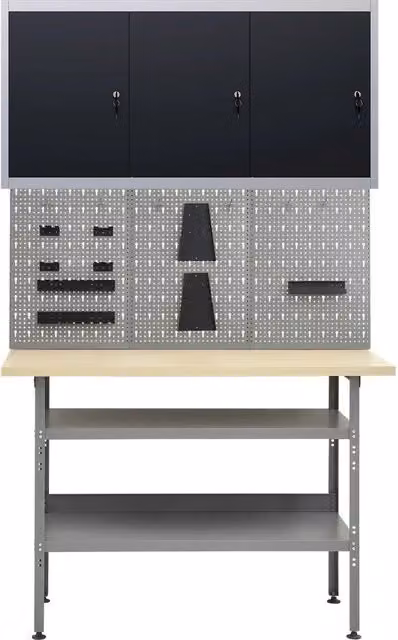 Banco da Lavoro vidaXL in Acciaio con 3 Pannelli Forati e 1 Armadietto, Regolabile in Altezza, Grigio e Nero, L/P/H: 120 x 60 x 85 cm