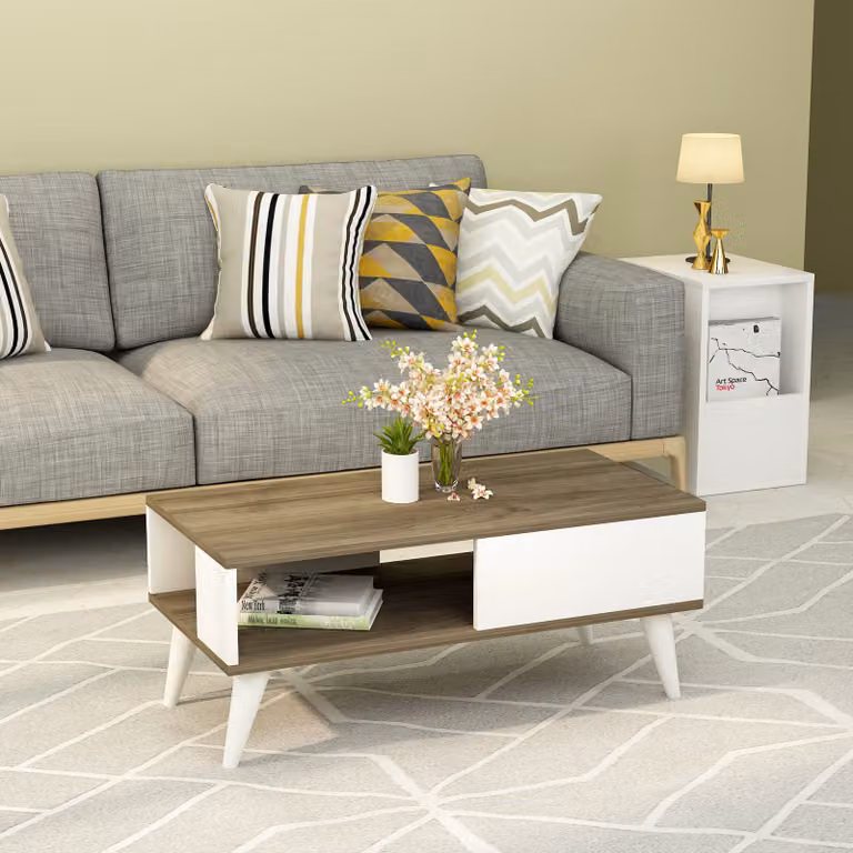 Skye Decor, Seul - Noce, Bianco, tavolino da caffè, noce, pannello di legno rivestito al 100 % di melamina, 90 x 45 x 40 cm
