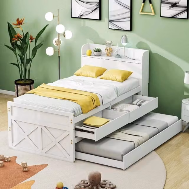Letto singolo WISHDOR in legno massiccio bianco con letto estraibile, 2 cassetti e comodino con vano e porta USB, L/P/H: 90 x 190 x 105 cm