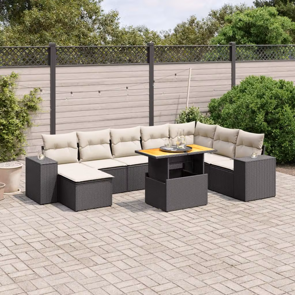 Set di divani da giardino vidaXL 9 pezzi in polyrattan nero con cuscini e tavolino da esterno a forma di L – 1