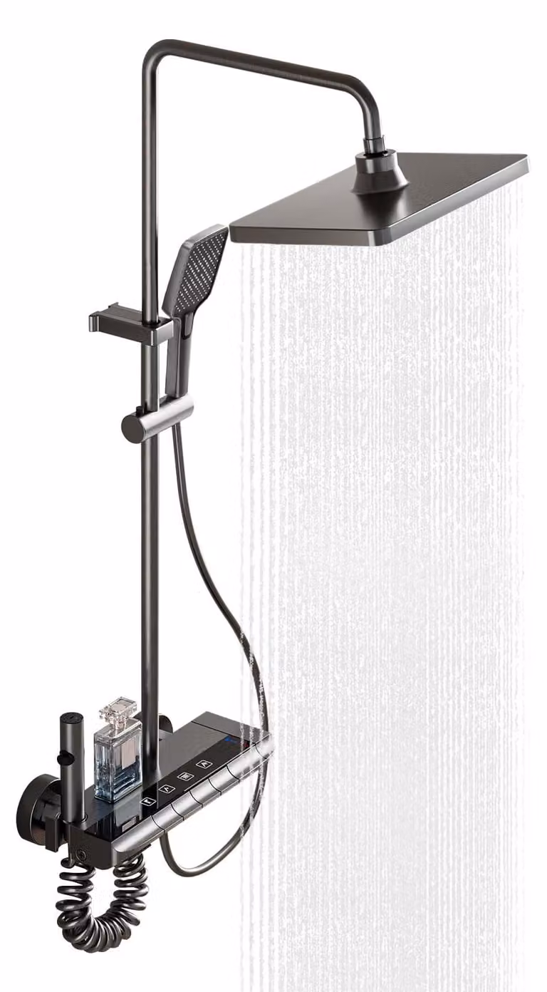 Set doccia - Comando a pulsanti pianoforte - Finitura spazzolata - Altezza regolabile 85-110 cm - 4 uscite d'acqua