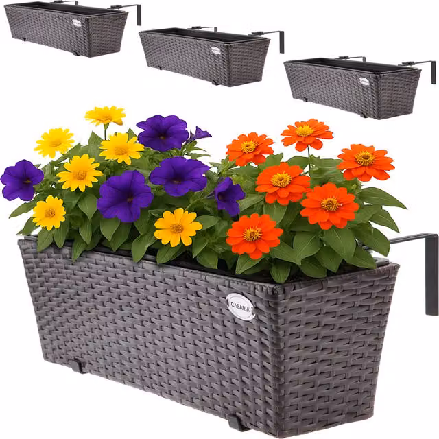 Set di 4 fioriere Casaria in polyrattan marrone con struttura in acciaio zincato e plastica