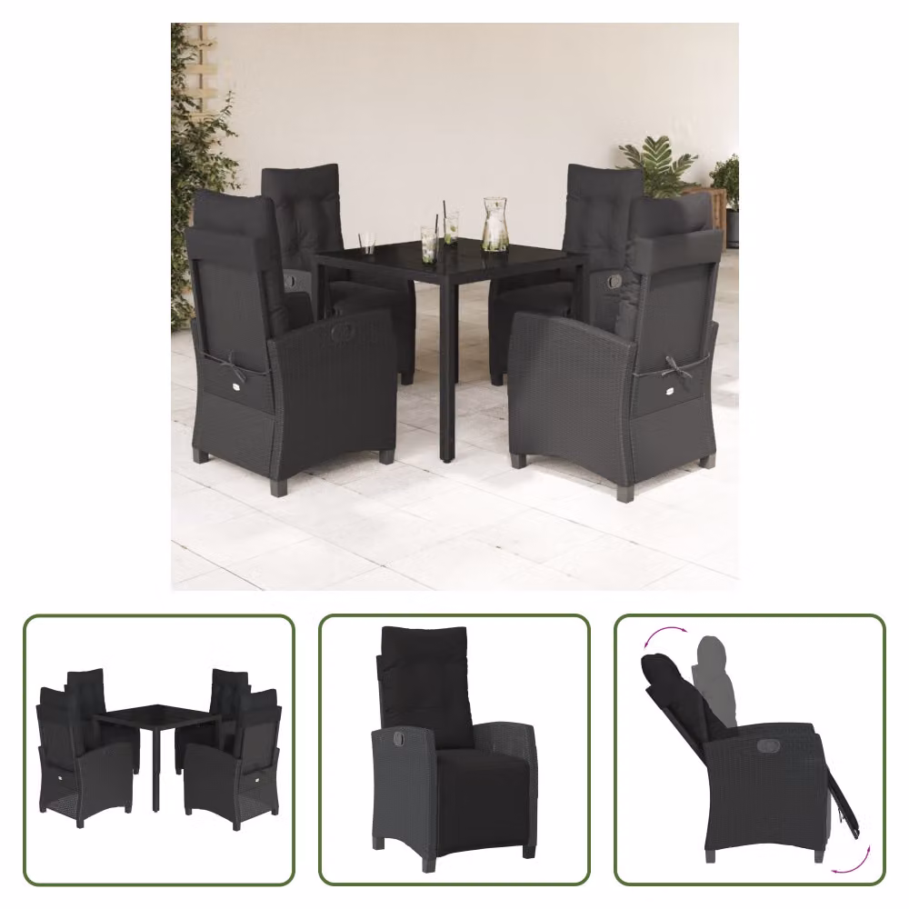 The Living Store Set da pranzo da giardino 5 pezzi con cuscini in poly rattan nero