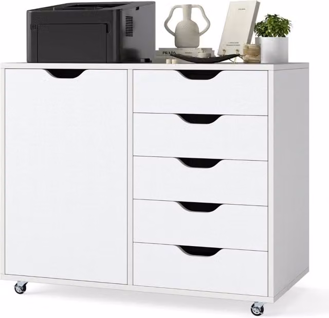 Mobiletto con 5 cassetti e anta Design Mania Bianco, Carrello da ufficio con ripiano regolabile e rotelle – 1