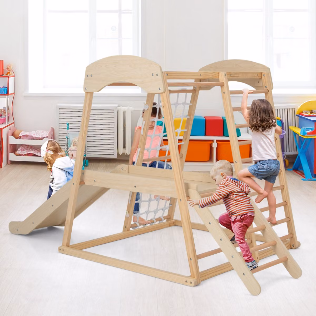 Costway Parco giochi 6-in-1 in legno naturale marrone per bambini con scivolo, barre per scimmia, corda e scale