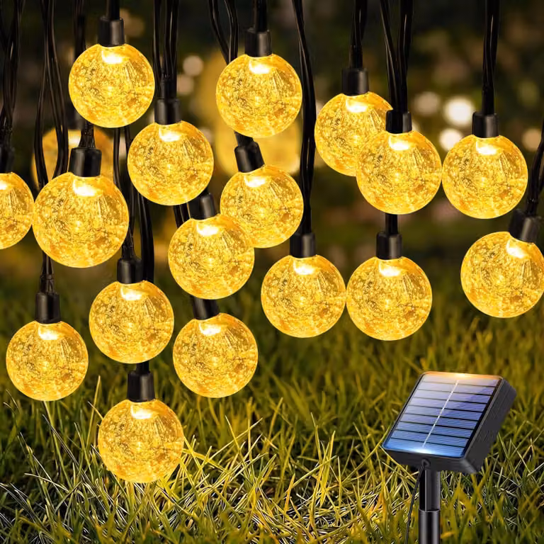 Catena luminosa solare, 10 metri, 30 sfere di cristallo a LED, grado di protezione IP65, 8 modalità