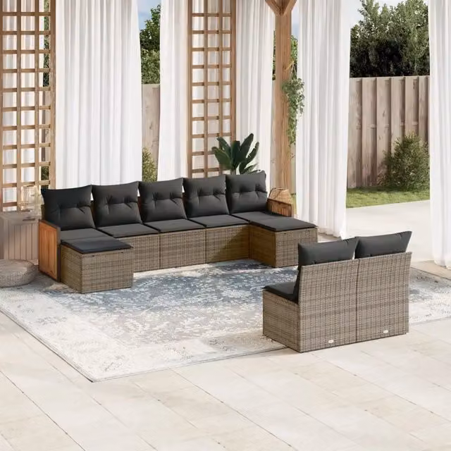 Set Divano da Giardino 9 pz con Cuscini Grigio in Polyrattan 3228055