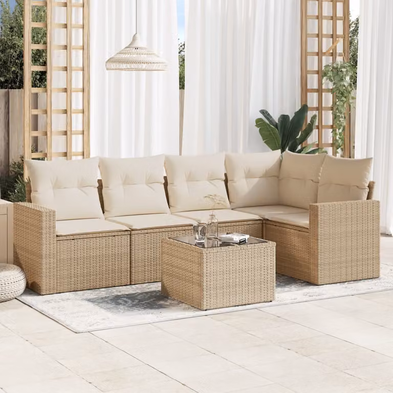 vidaXL Set Divano da Giardino 6 pz a L in Polyrattan con Cuscini Beige e Tavolino in Vetro