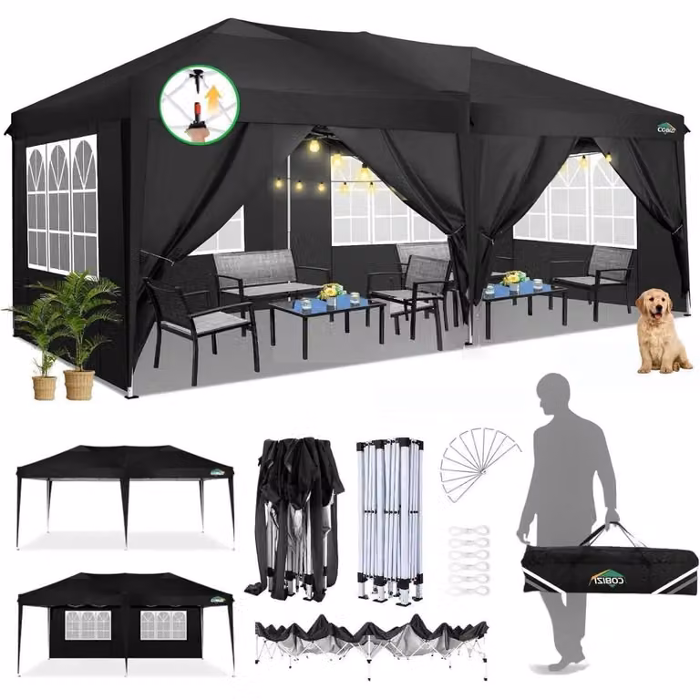 Tenda da festa impermeabile 3x6 metri con protezione UV, dotata di 6 pareti laterali, colore nero