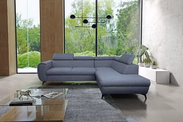 Divano angolare "Mona" Divano angolare funzione letto blu-grigio Recamiere destra