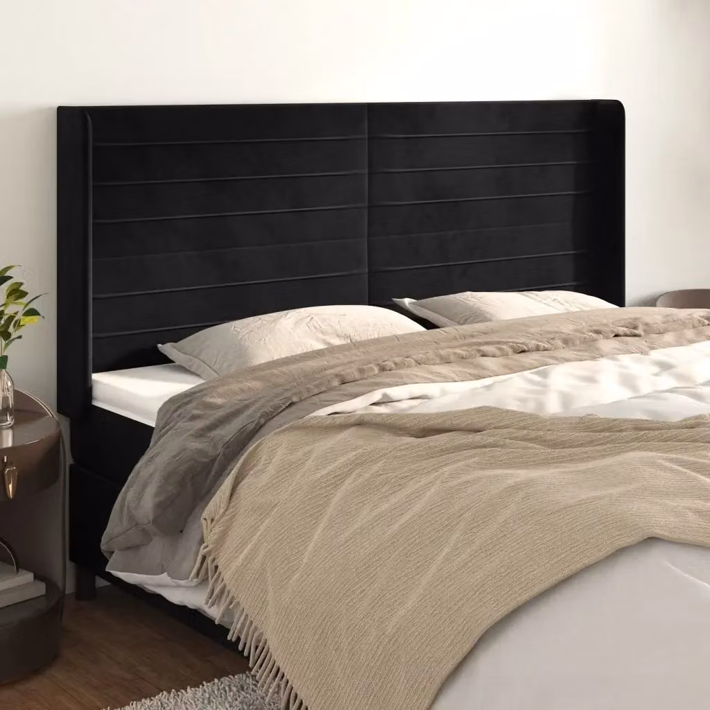 Testiera ad orecchio in velluto nero con struttura in legno e MDF L: 203 cm, P: 16 cm, H: 118/128 cm – 2