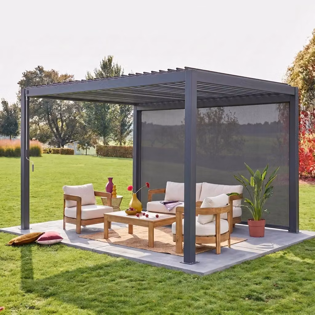 Pergola bioclimatica Sweeek in alluminio e acciaio con tenda da sole, colore antracite, L: 400 cm, P: 300 cm – 2