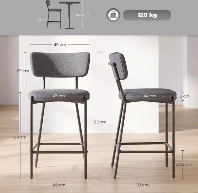 Set di 2 sgabelli da bar MIVRAY con schienale curvo in poliestere grigio e poggiapiedi, H 93 x L 49 x P 53 cm – 1