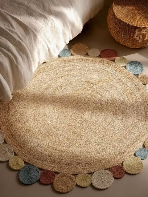 Tappeto rotondo Circle Kenay Home in juta con motivo geometrico boho multicolore, Diametro: 140 cm – 1