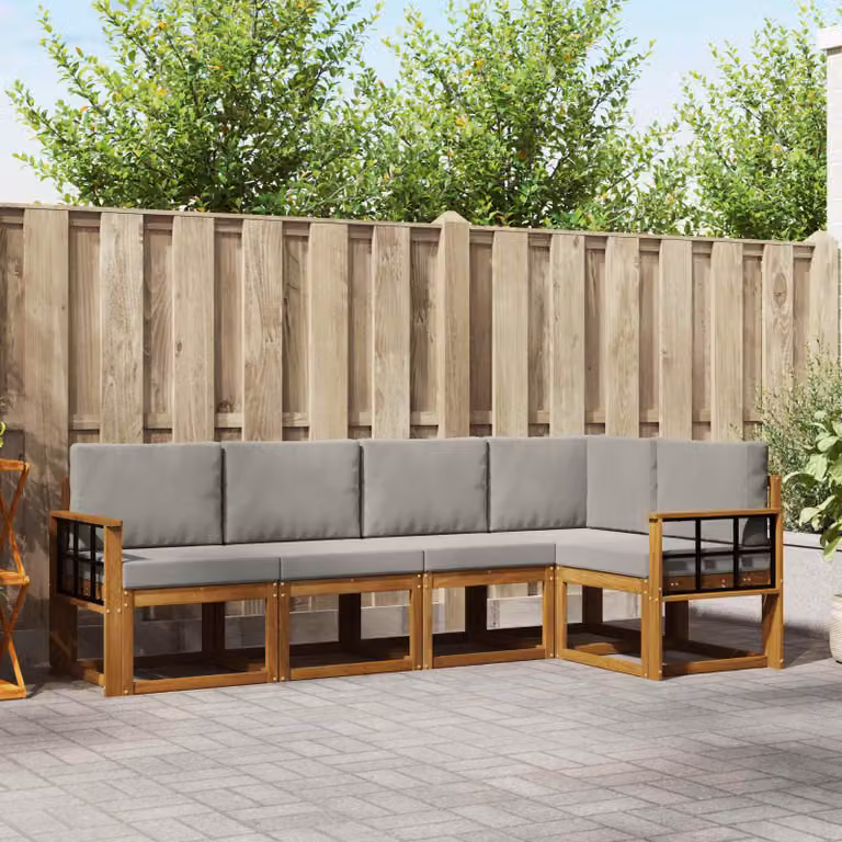 Set di divani da esterno vidaXL 5 pezzi in legno di acacia con cuscini, composizione a L con divano a 3 posti, elemento angolare e pouf, colore grigio e marrone