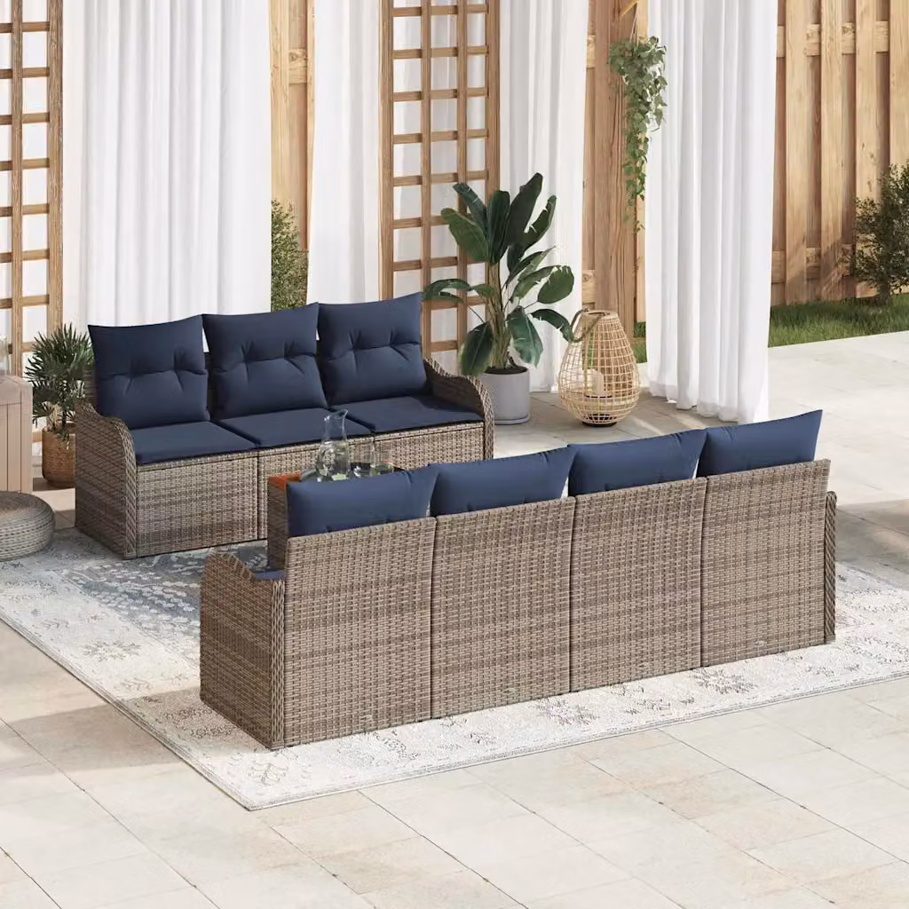 Set Divano da Giardino vidaXL 8 Pezzi a Forma di L con Tavolino, Colore Grigio e Blu, Struttura in Metallo e Polyrattan con Cuscini Inclusi