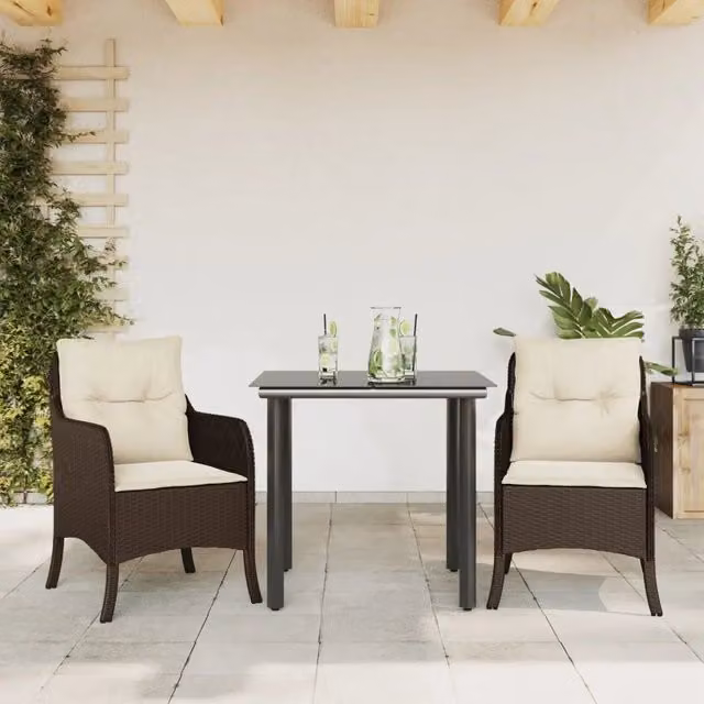 Set da Pranzo da Giardino 3pz con Cuscini in Polyrattan Marrone 3211941