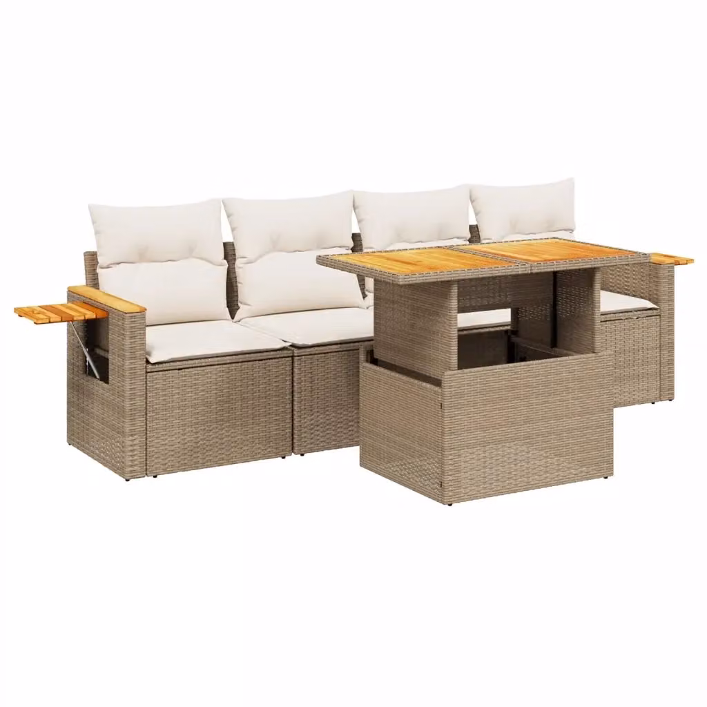 Set Divano da Giardino Moderno VIDAXL in Polyrattan con Cuscini Beige, 5 Pezzi – 2