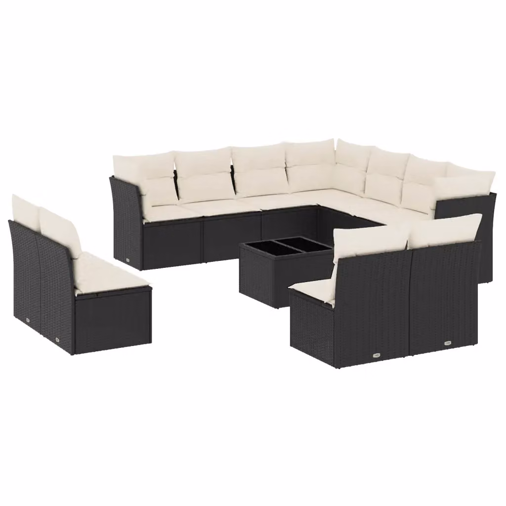 Set di divani da giardino vidaXL a forma di U composto da 12 pezzi con cuscini e tavolino, nero e bianco, in rattan e metallo con coperture rimovibili e tessuto resistente ai raggi UV – 2