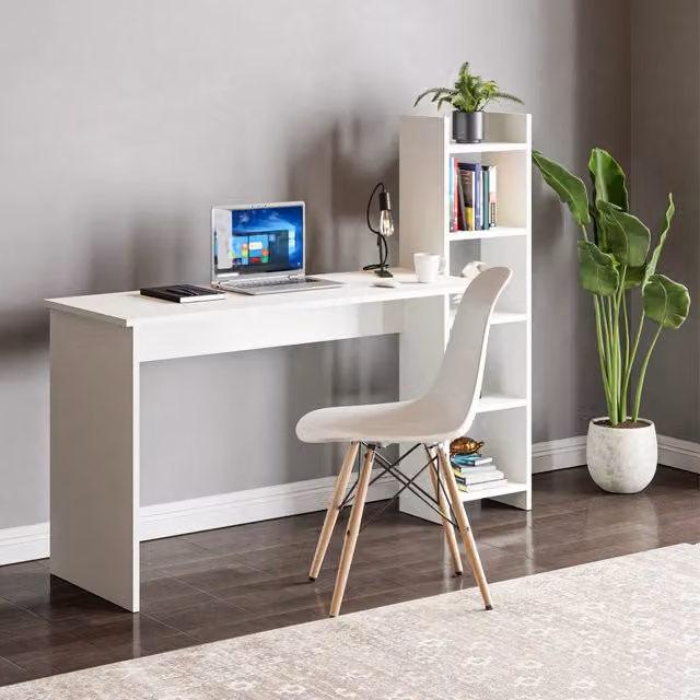 Scrivania con scaffale laterale Chagtuniejle en.casa, colore bianco, L 150 cm x P 45 cm x H 120 cm