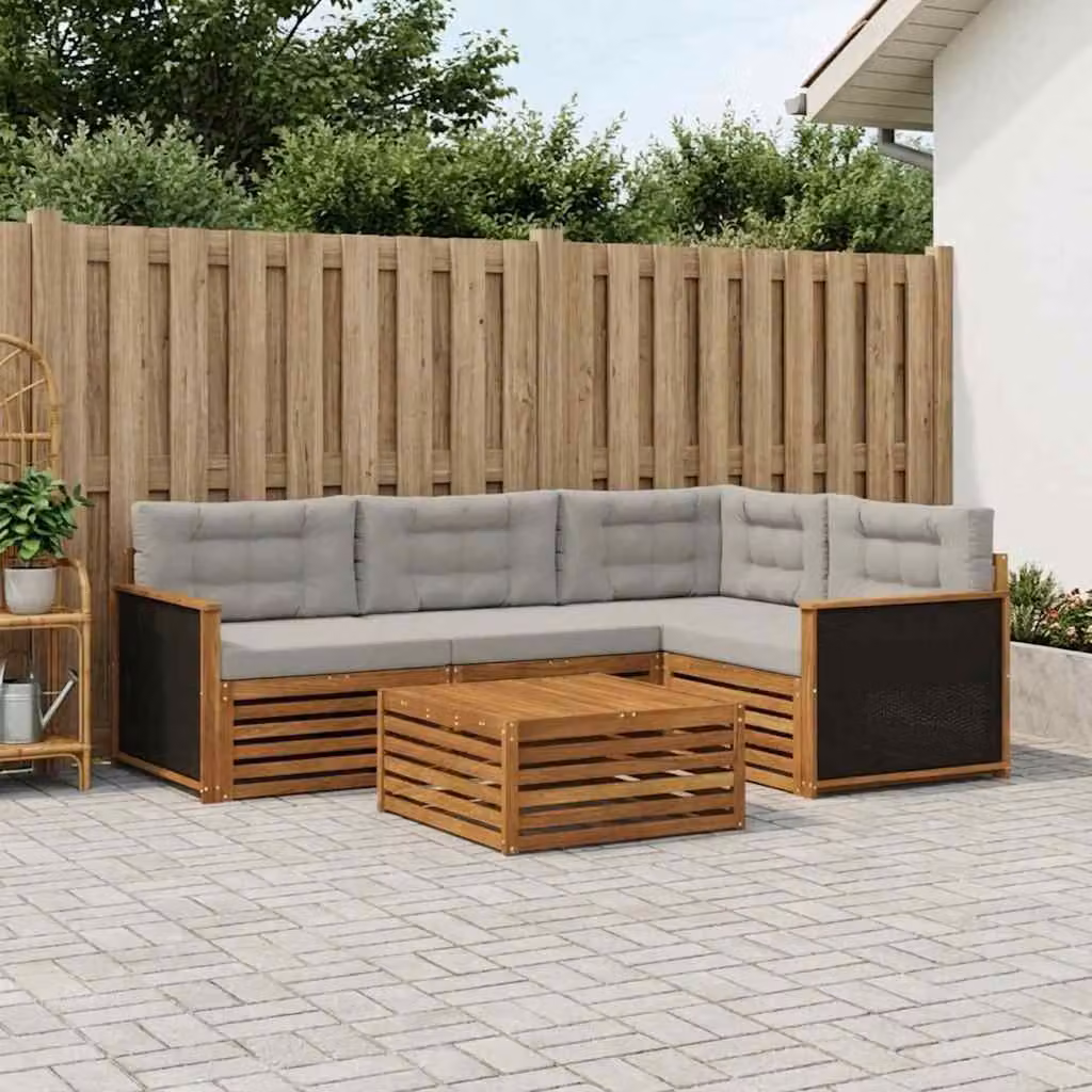 vidaXL Set di divani da esterno 5 pz in legno di acacia con cuscini, beige e grigio chiaro