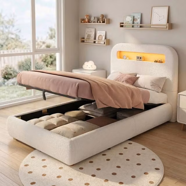 Letto Imbottito Singolo con Contenitore ¨C MINIMAL ¨C Bianco, LED, Doghe, 90x200