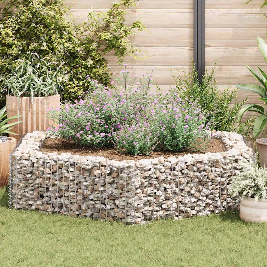 vidaXL Letto Rialzato da Giardino Esagonale in Gabbione in Acciaio Zincato Grigio L: 200 cm, P: 173 cm, H: 40 cm