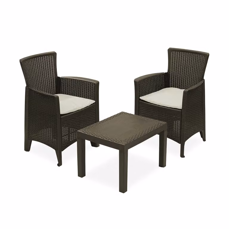 Set da giardino PROGARDEN Forest composto da 3 pezzi in rattan marrone con poltrone lounge, tavolino da caffè e cuscini beige