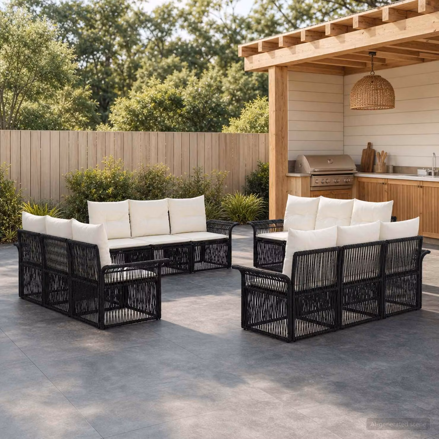 Set Divano da Giardino vidaXL a forma a U in Polyrattan Nero con Cuscini e Struttura in Acciaio