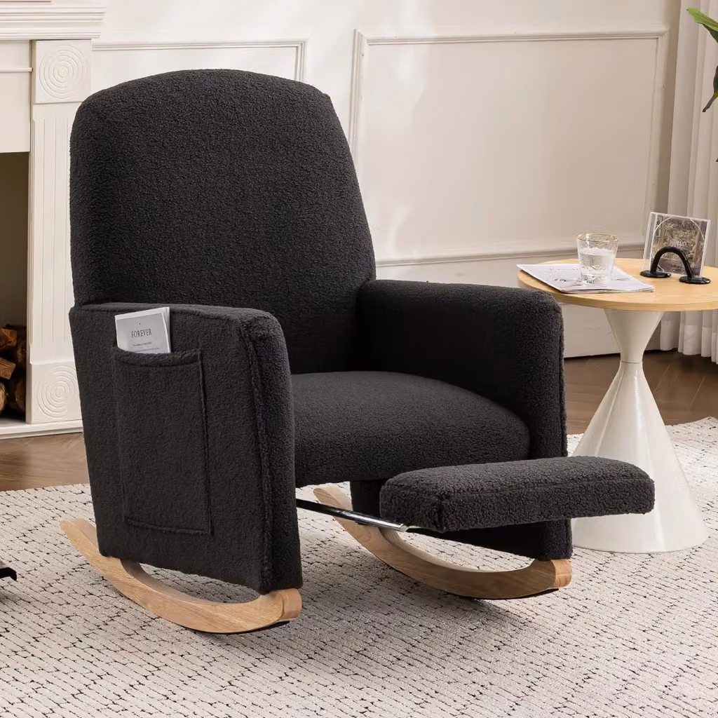 Poltrona relax a dondolo WISHDOR con poggiapiedi integrato, rivestimento in tessuto bouclé grigio e struttura in legno massello per soggiorno – 2