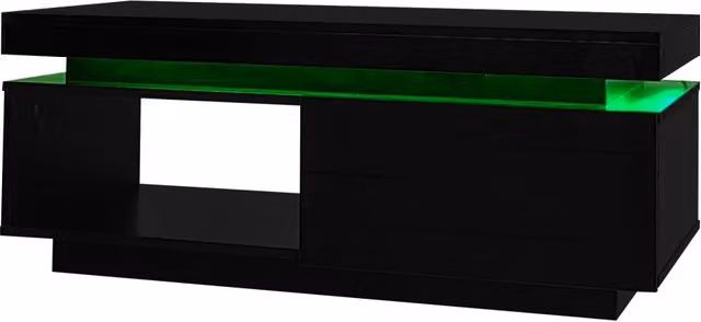 Set mobili soggiorno nero lucido con LED, mobile TV 181 cm e tavolino 100x50 cm in truciolato