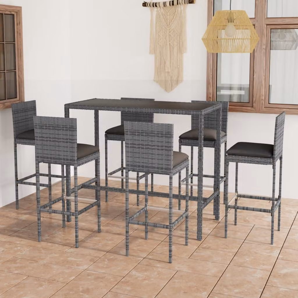 The Living Store Set bar da giardino 7 pezzi con cuscini in poly rattan grigio