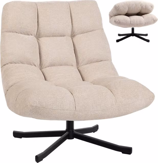 Fauteuil Salon sans Accoudoirs, Chaise Pivotante en Tissu Chenille, Assise Large, 75 x 95 x 90 cm, Crème