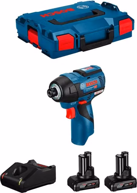 Avvitatore a massa battente Bosch GDR 12V-110 blu con 2 batterie da 6,0 Ah, caricabatterie GAL12V-40 e L-Boxx 102 – 1