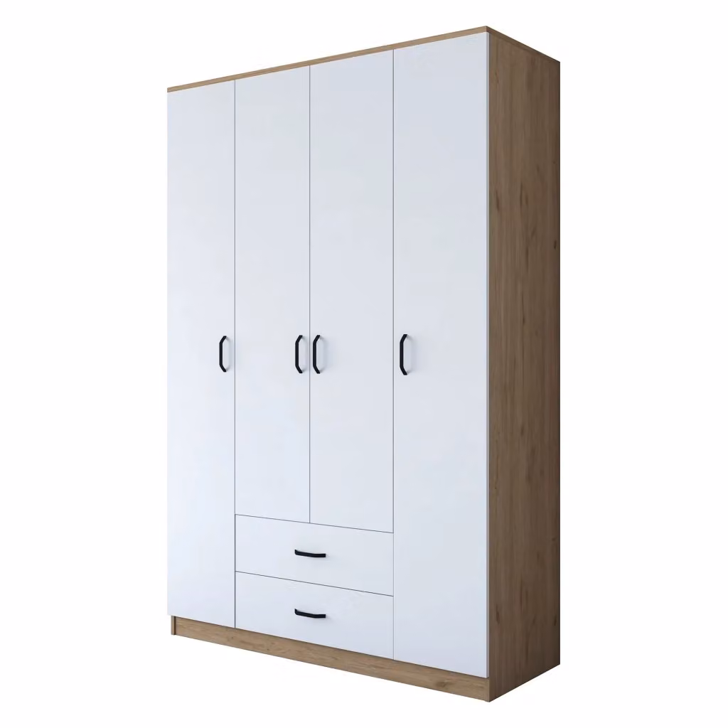 Armadio da camera da letto DMORA con ante scorrevoli e ripiani interni, Bianco e Marrone, L: 140 cm, H: 210 cm – 2