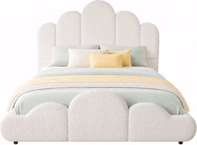 Letto per bambini 140 × 200 cm con testiera imbottita e bordi arrotondati, senza materasso, in bouclé beige