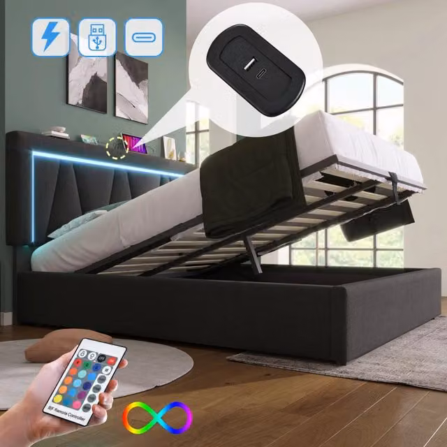Letto matrimoniale 160×200 cm con vano contenitore, USB, porta tipo C e LED regolabile, senza materasso, grigio