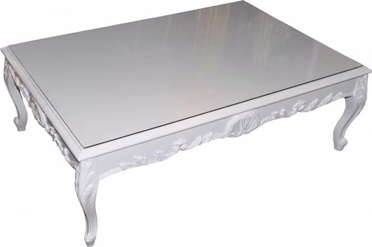 Tavolino da caffè Casa Padrino in stile barocco, bianco lucido, dimensioni 120 x 85 x 49 cm, realizzato in legno massello con piano in vetro