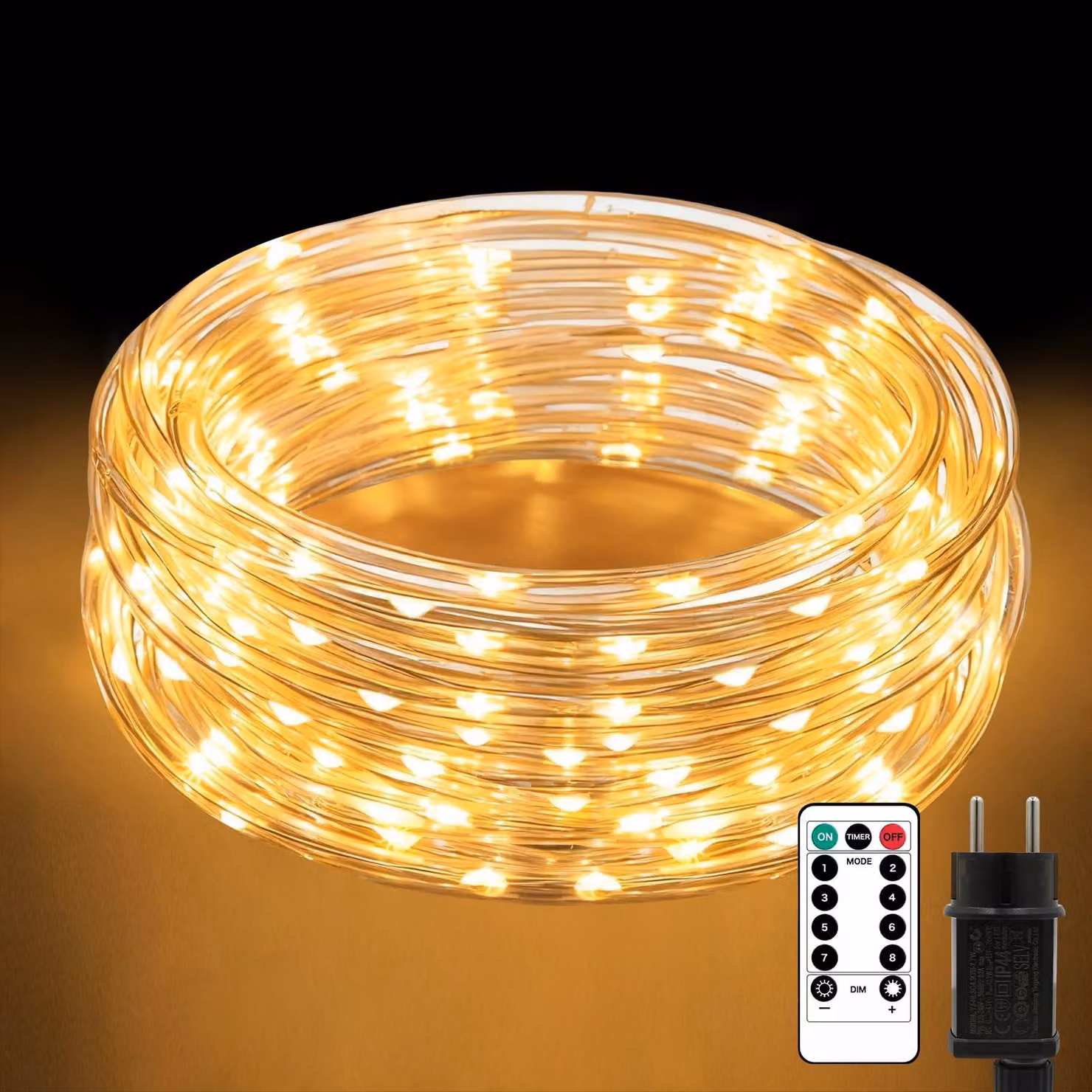 Striscia luminosa a LED, 10 metri, 200 LED, diametro 7,5 mm, luce bianco caldo, grado di protezione IP65, dimmerabile