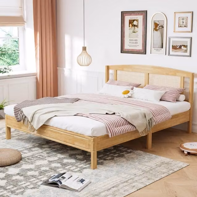 Letto matrimoniale 160x200 cm con 15 doghe e piedini centrali; legno di pino e PE-Rattan naturale
