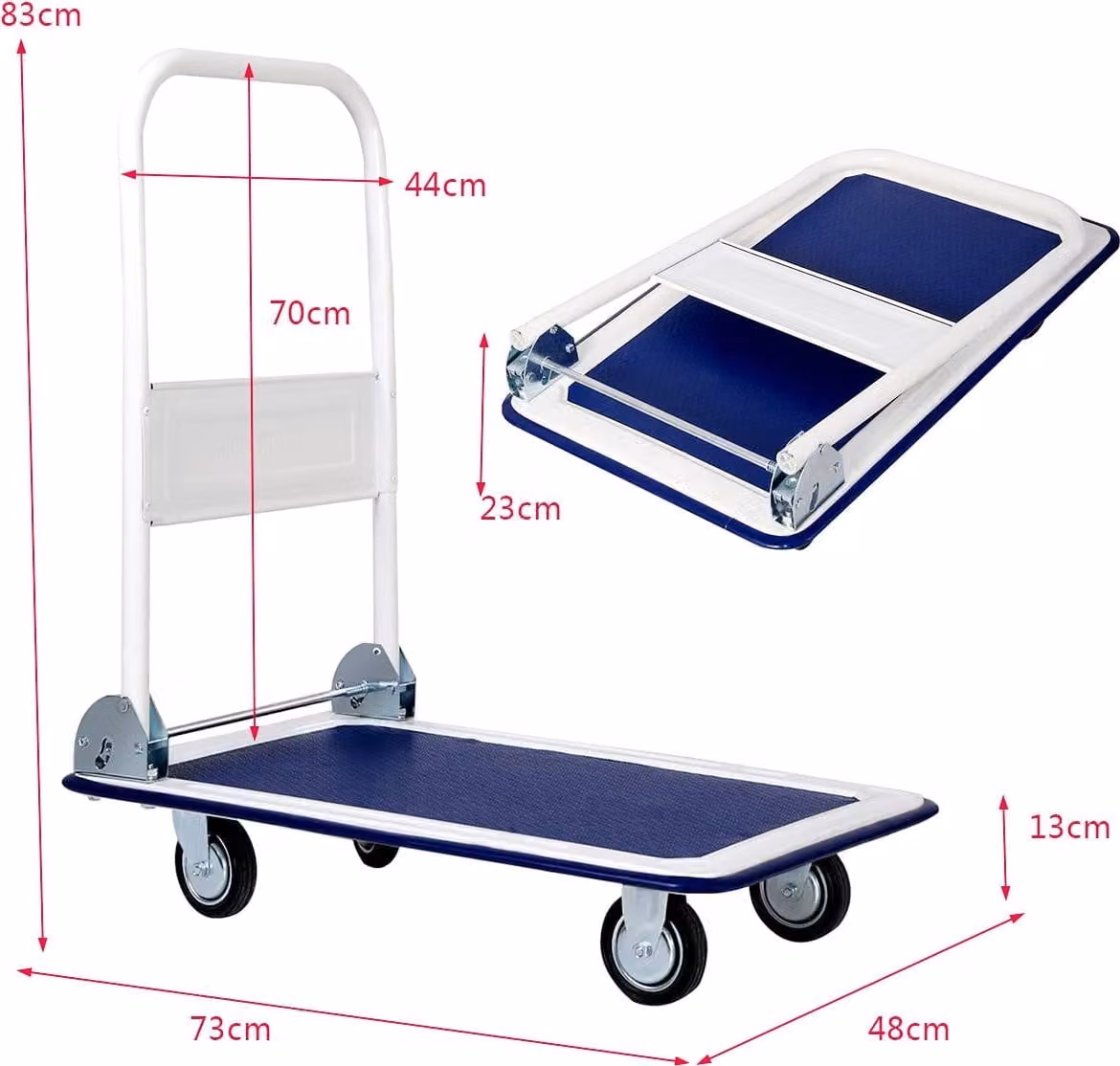 Carrello con piattaforma pieghevole, capacità 150 kg, ruote girevoli a 360°
