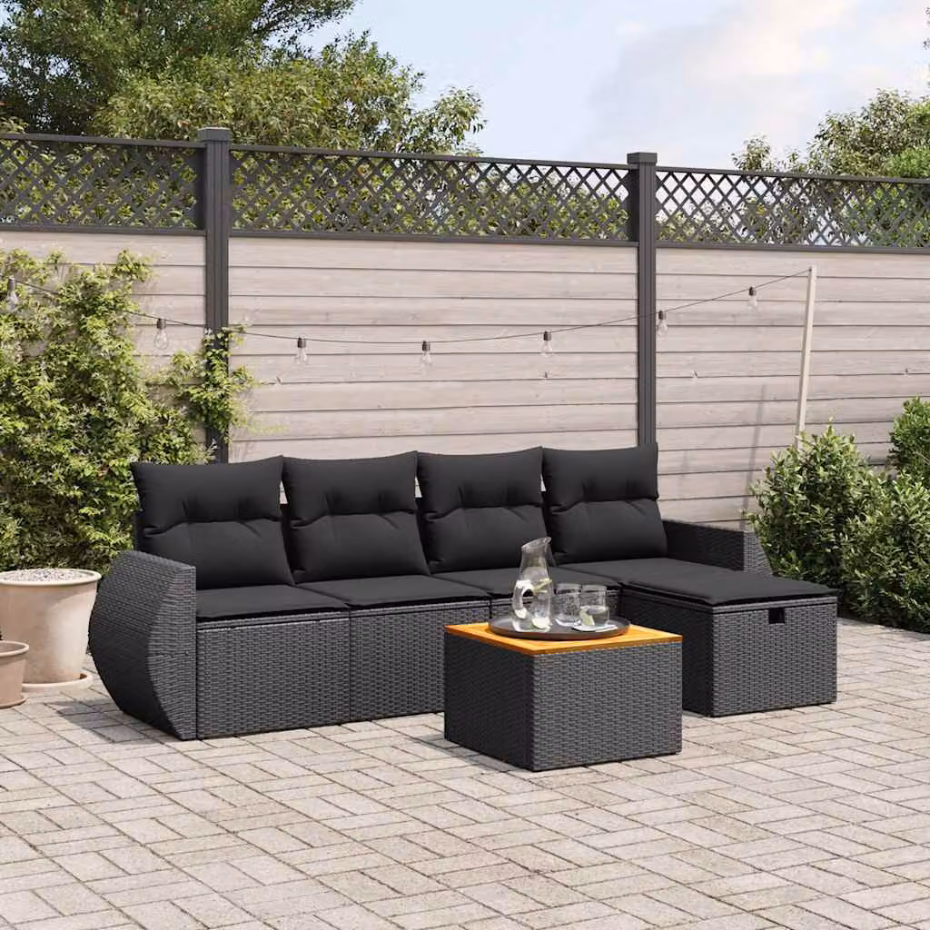 vidaXL Set Divano da Giardino 6 pz a L con Cuscini Neri in Polyrattan e Struttura in Acciaio Verniciato a Polvere – 1
