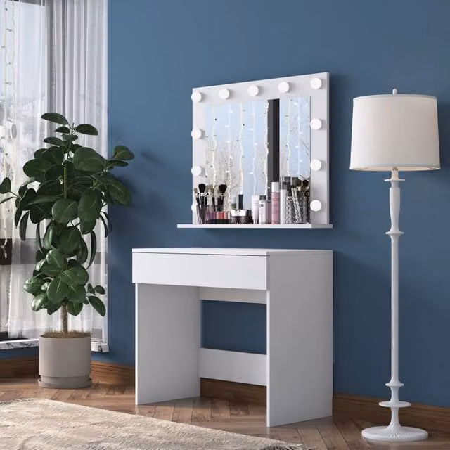 Toeletta con specchio Hollywood LED DMORA, mobile da trucco moderno in MDF laccato lucido bianco, L 90 cm x P 45 cm x H 77 cm