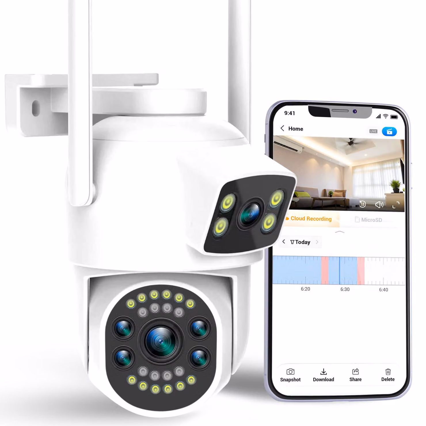Telecamera di sicurezza Wi-Fi per esterni, risoluzione 2K, con angolo di visione a 360 gradi e rilevamento umano