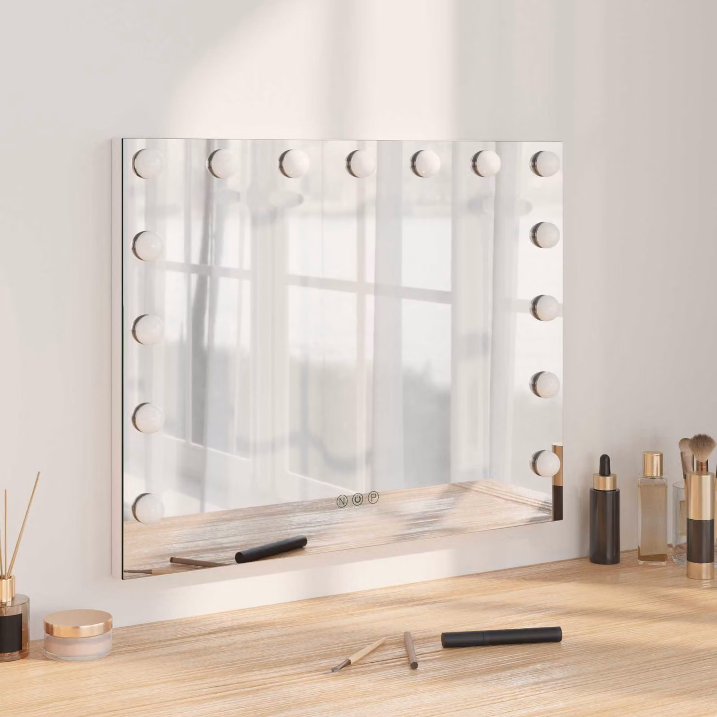 Specchio da vanità da tavolo vidaXL con luce LED dimmerabile e touch switch, Bianco, L 58 cm x P 10 cm x H 47 cm, in vetro e metallo